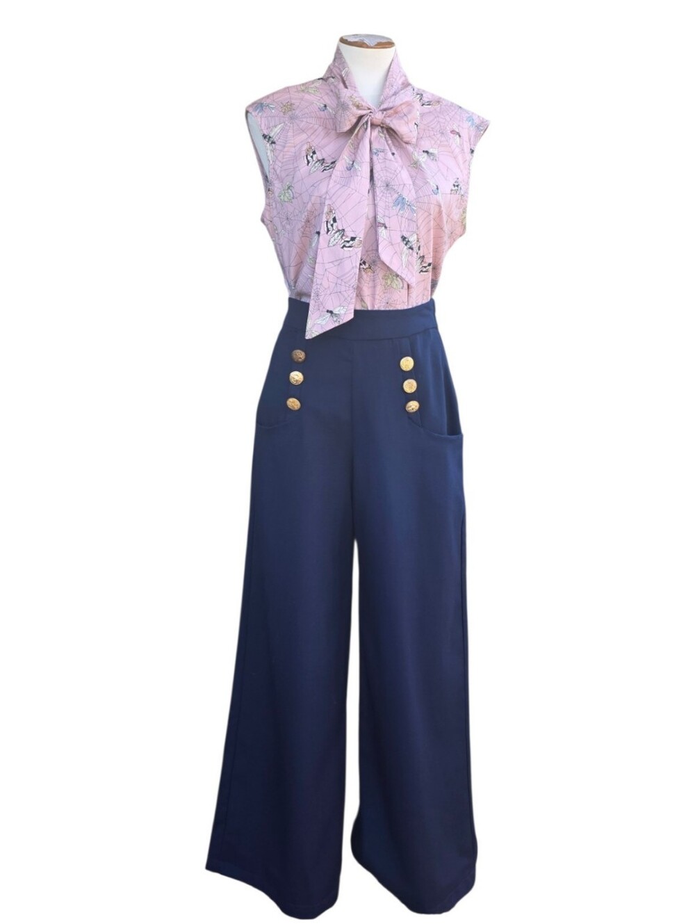 Retrolicious Pink Spiderweb Bug Print  Bow Blouse Top Womens Size L